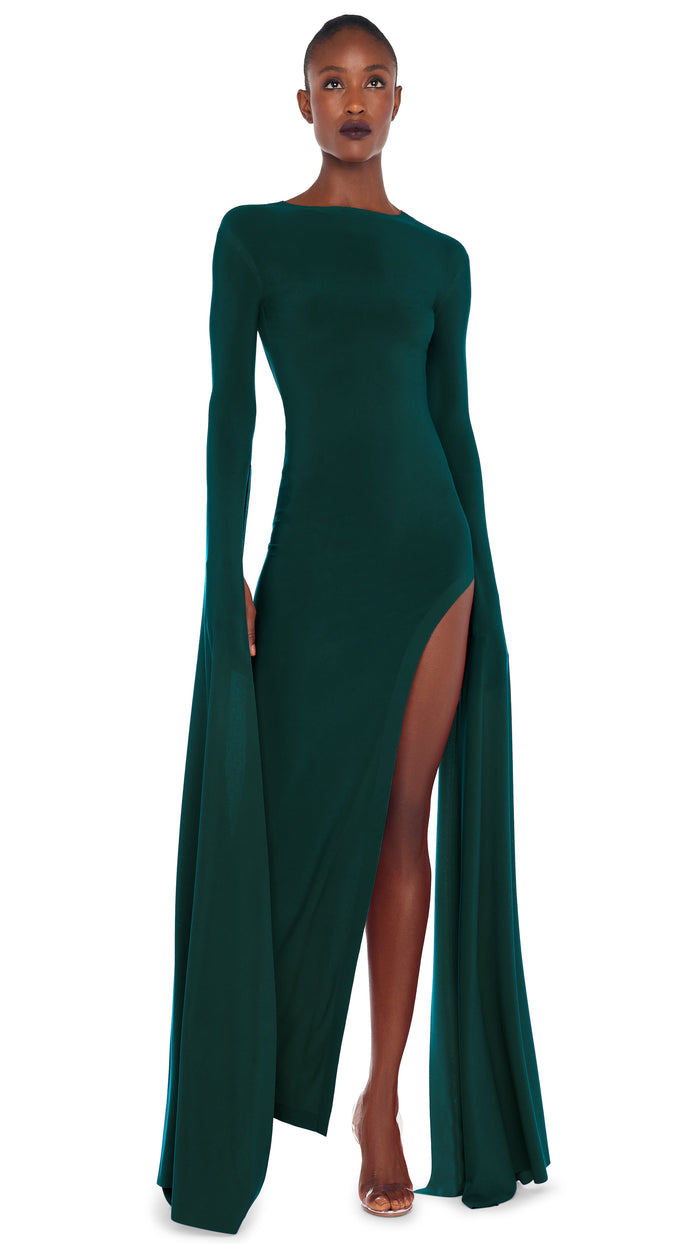 OPEN BACK RIBBON SLEEVE WIDE SLIT GOWN – Dark Emerald – Norma Kamali