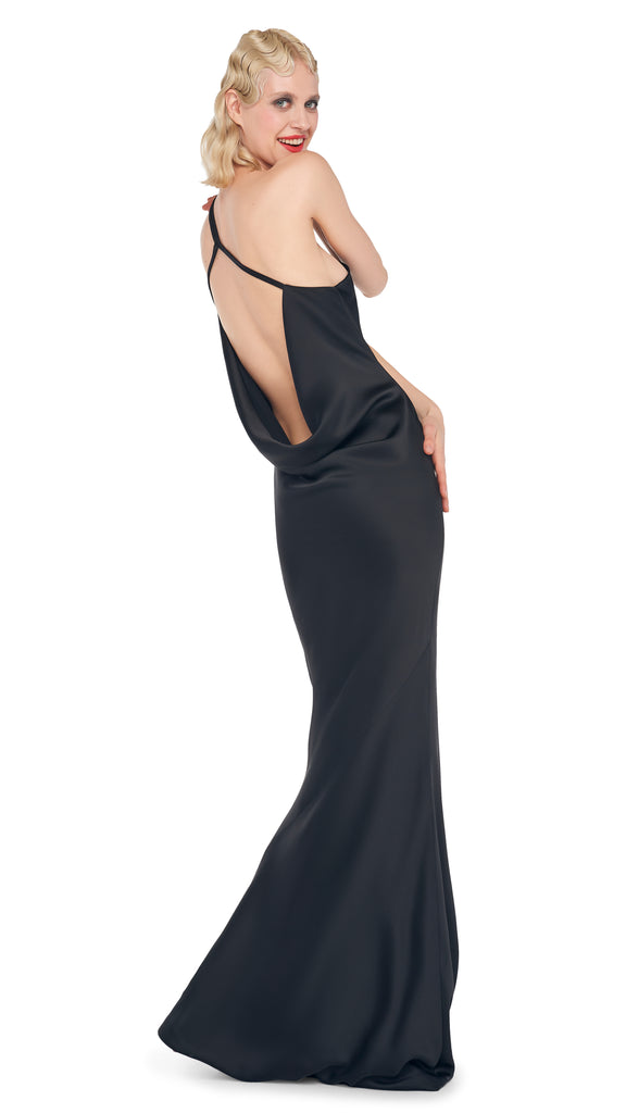 Norma Kamali One Shoulder Bias Gown in BLACK. Size L