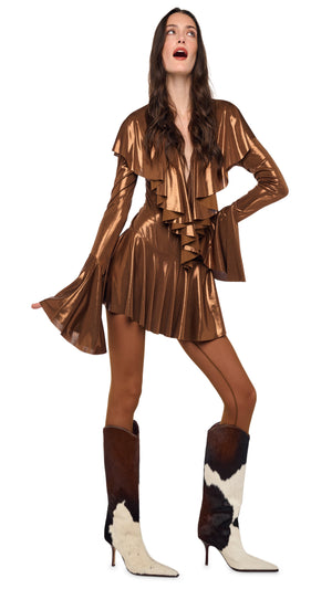 LONG SLEEVE DEEP V RUFFLE MINI DRESS #1 Thumbnail
