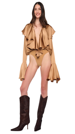 LONG SLEEVE DEEP V RUFFLE BODYSUIT #1 Thumbnail