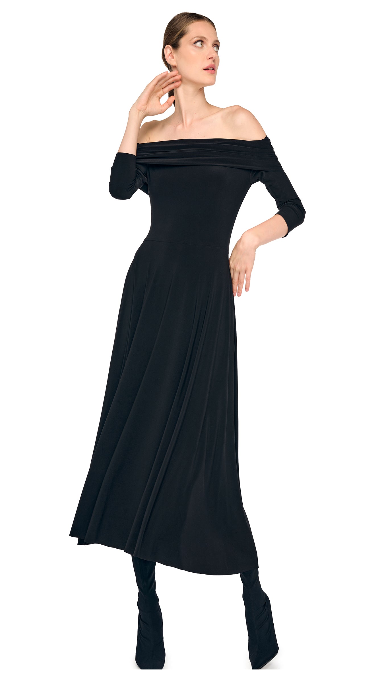 Norma Kamali 3/4 Sleeve Cowl Flared Dress