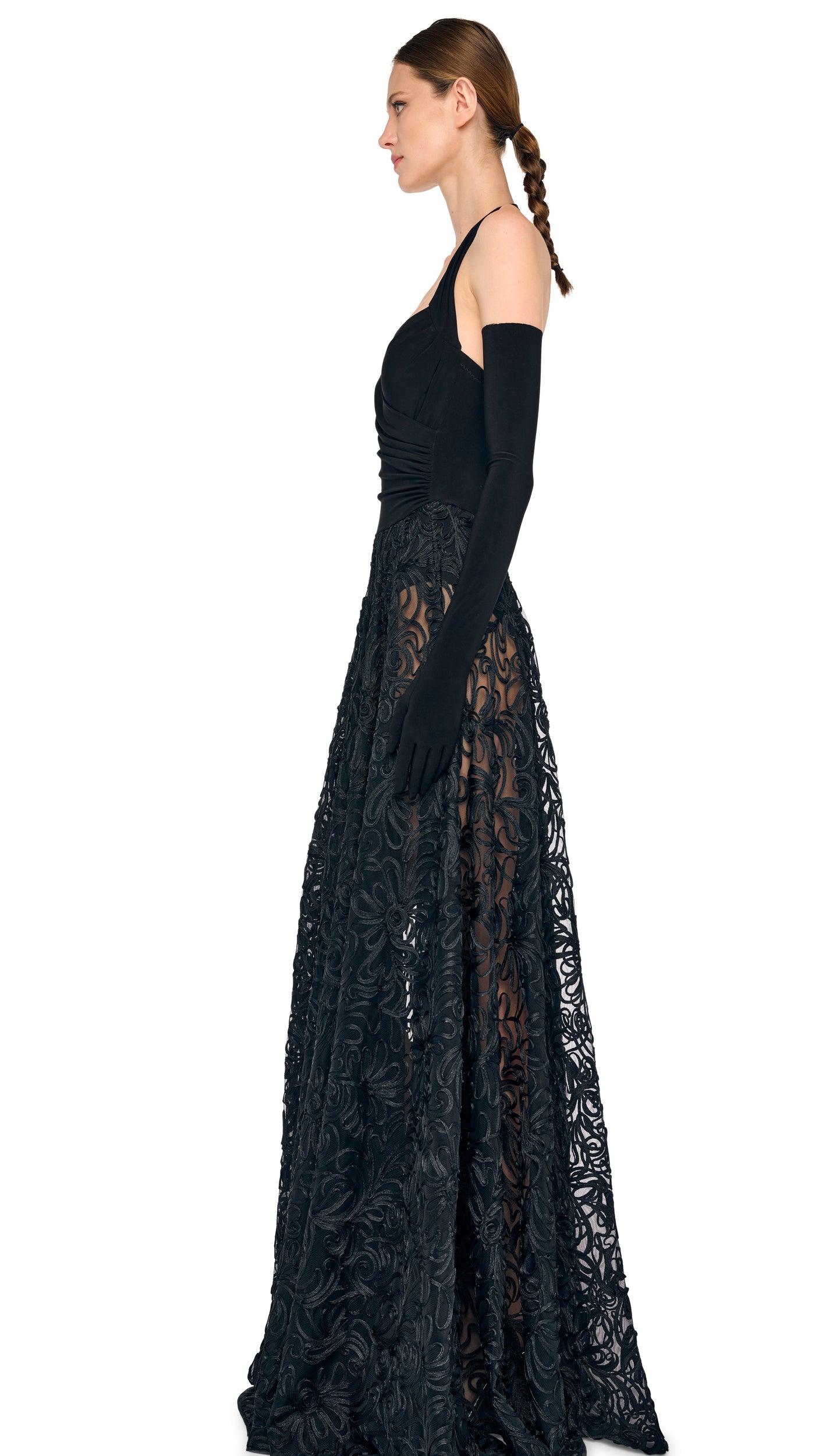 flared gown dress 66371: Allover Embroidered Lace Fit and Flare Gown with Long Sleeves