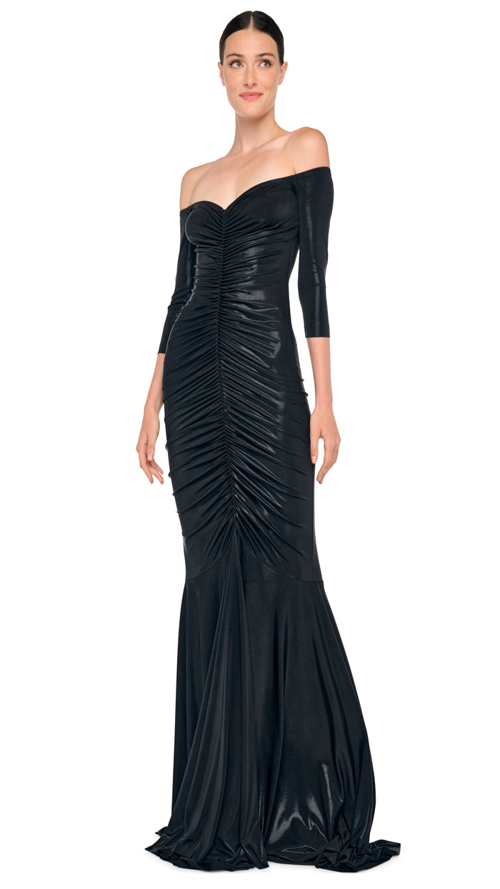 OFF SHOULDER SHIRRED FISHTAIL GOWN #1