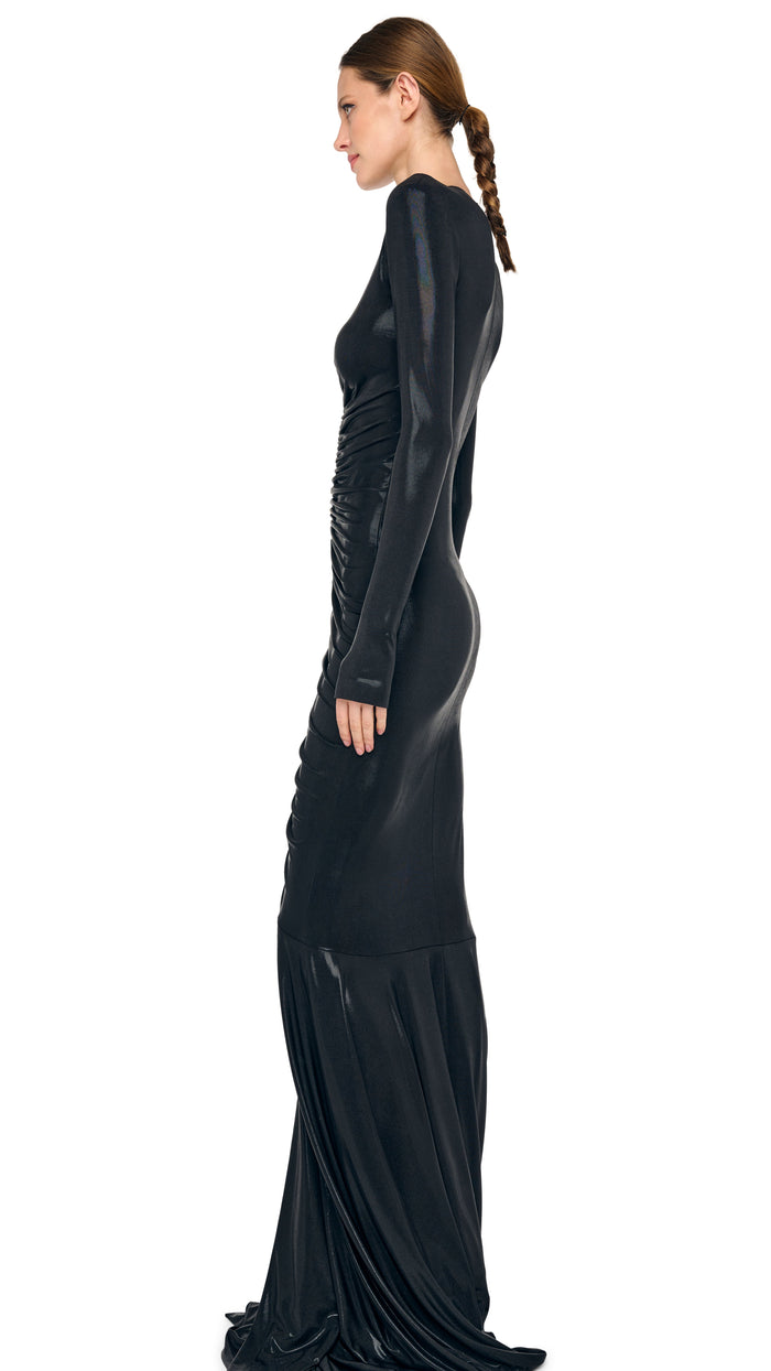 LONG SLEEVE V NECK SHIRRED FISHTAIL GOWN #2