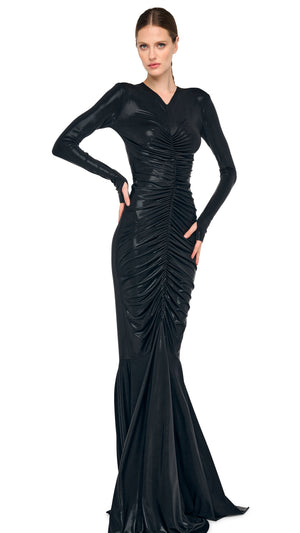 LONG SLEEVE V NECK SHIRRED FISHTAIL GOWN #6 Thumbnail