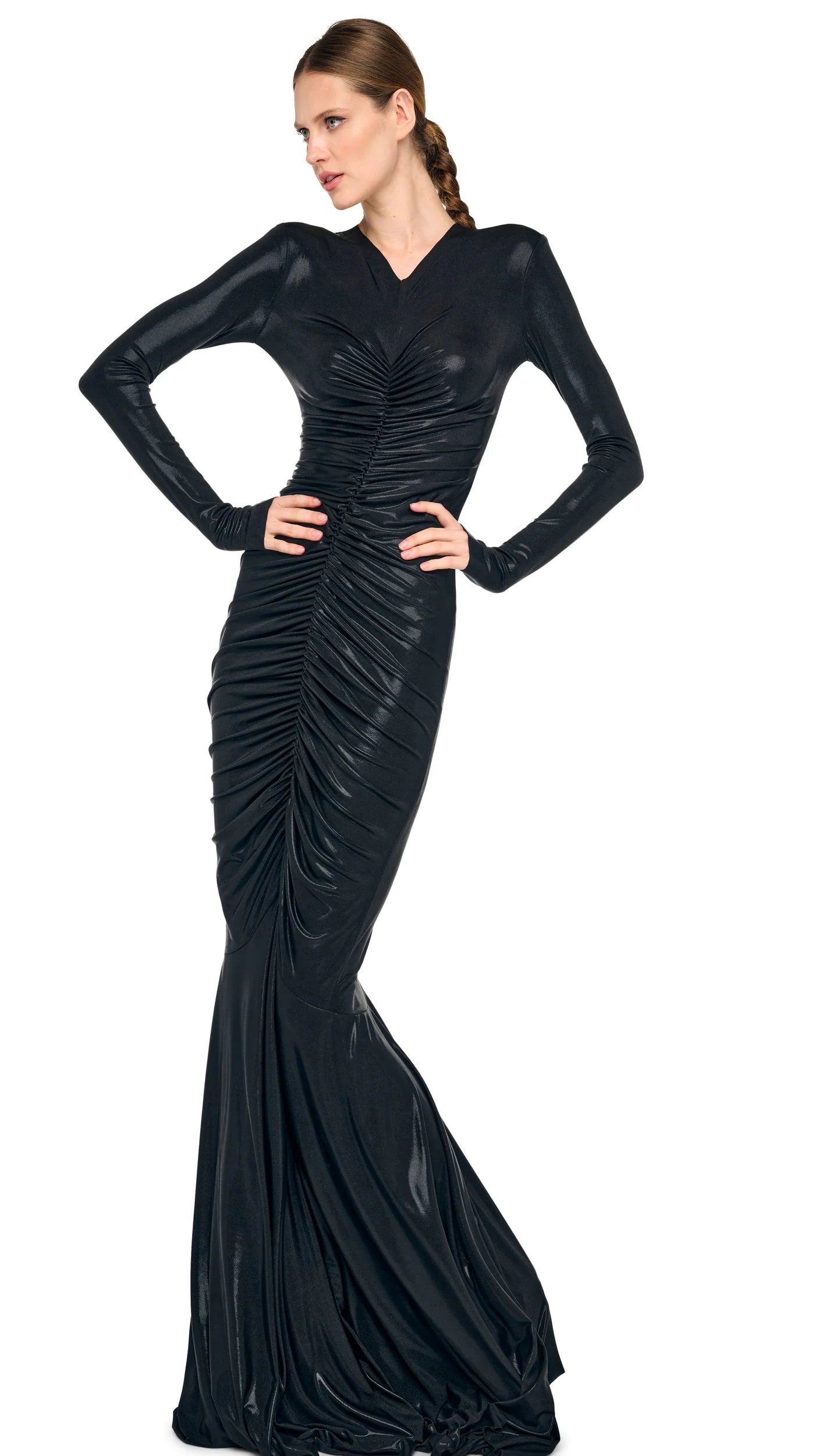 long fishtail dress Norma Kamali Long Sleeve V Neck Shirred Fishtail Gown
