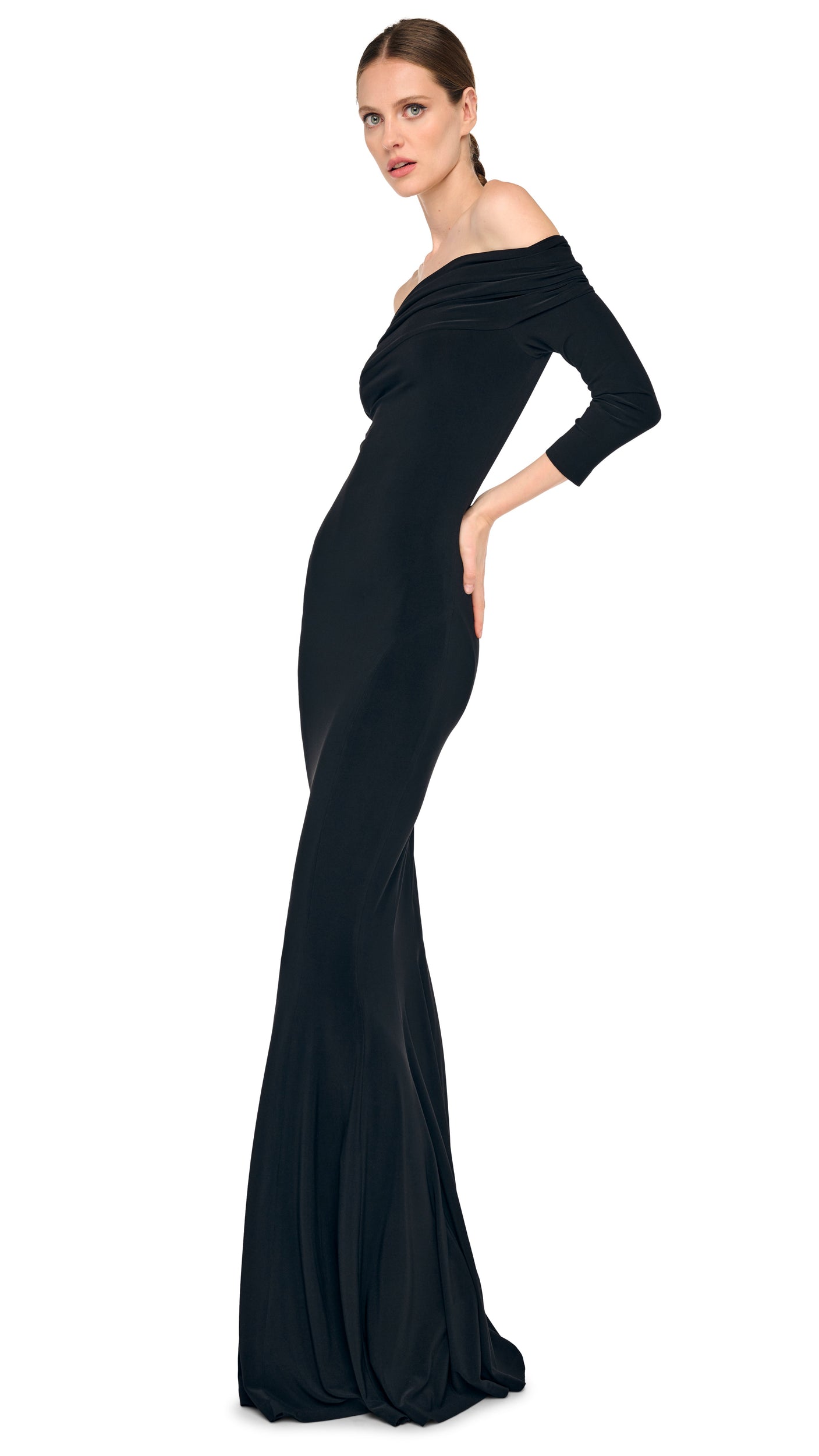Norma Kamali 3/4 Sleeve Cowl Fishtail Gown