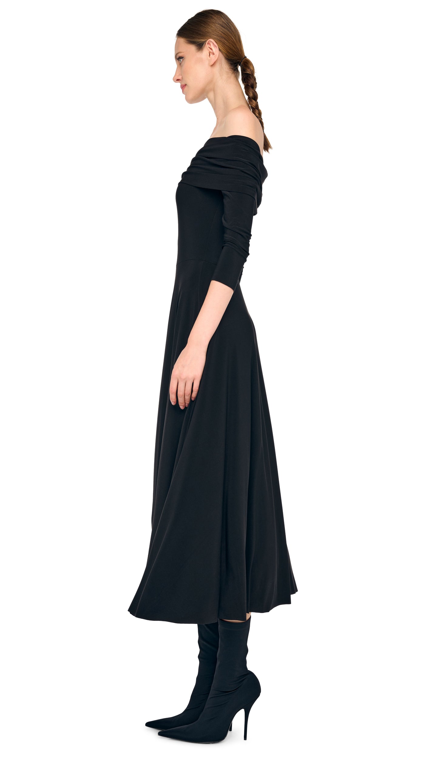 3/4 SLEEVE COWL FLARED DRESS Black Norma Kamali 3/4 SLEEVE COWL FLARED DRESS Black Norma Kamali