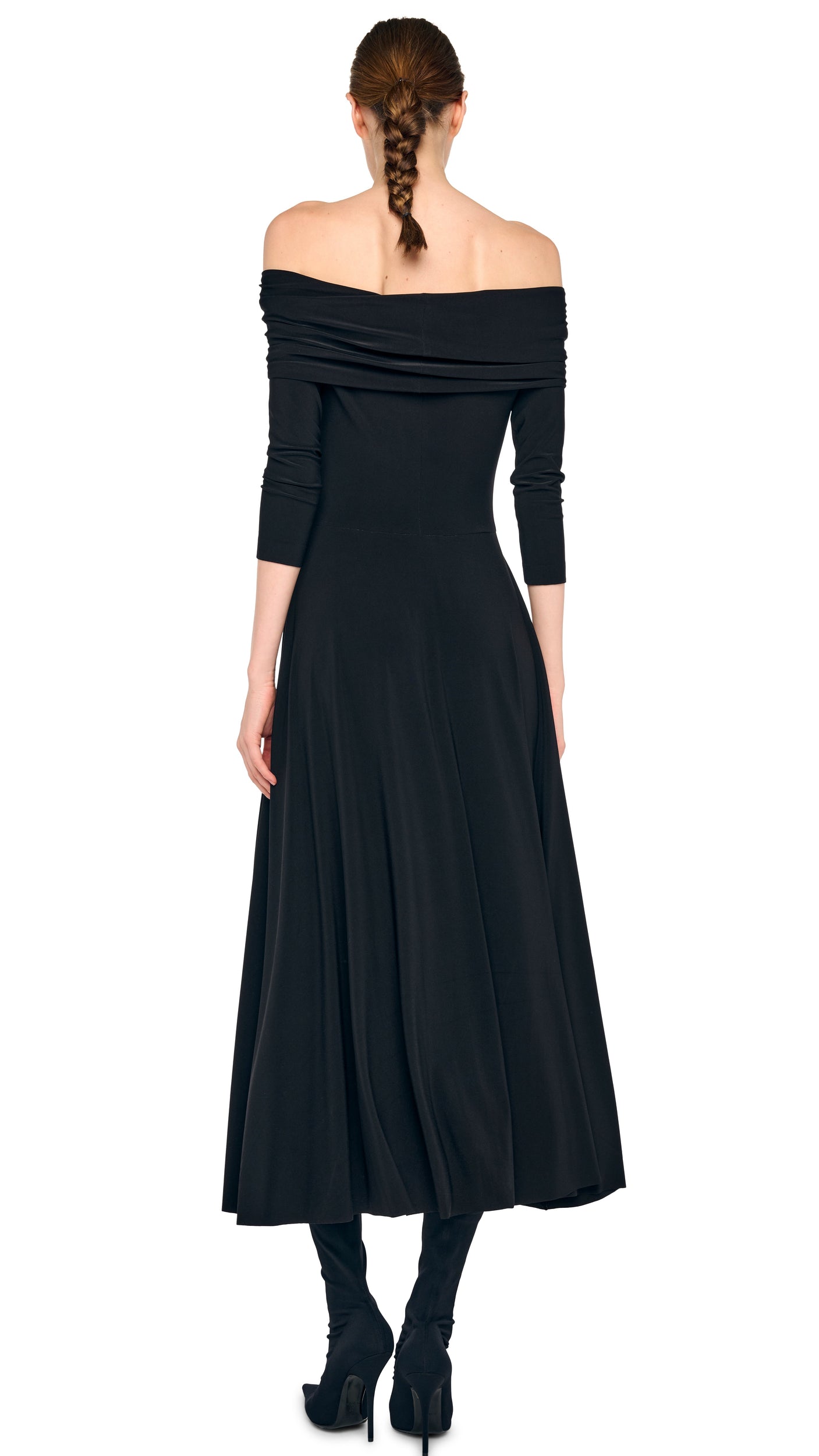3/4 SLEEVE COWL FLARED DRESS – Black – Norma Kamali