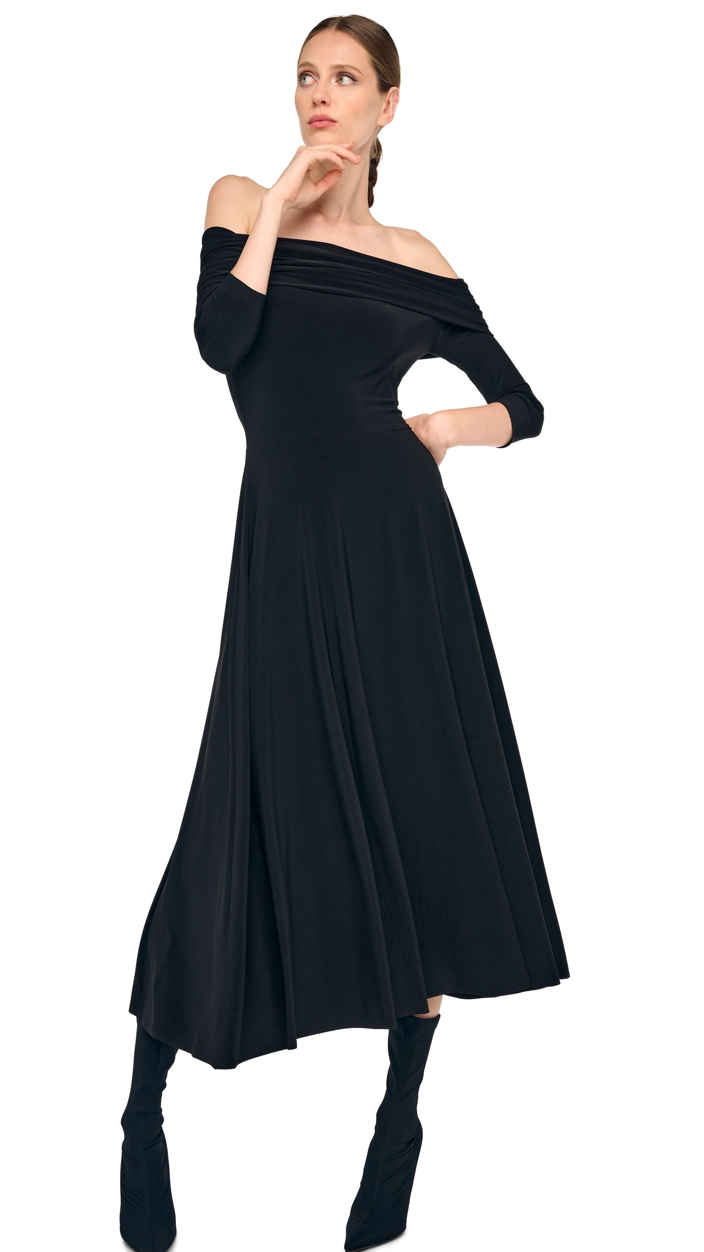 Norma Kamali 3/4 Sleeve Cowl Flared Dress - Black / size M Norma Kamali 3/4 Sleeve Cowl Flared Dress - Black / size M