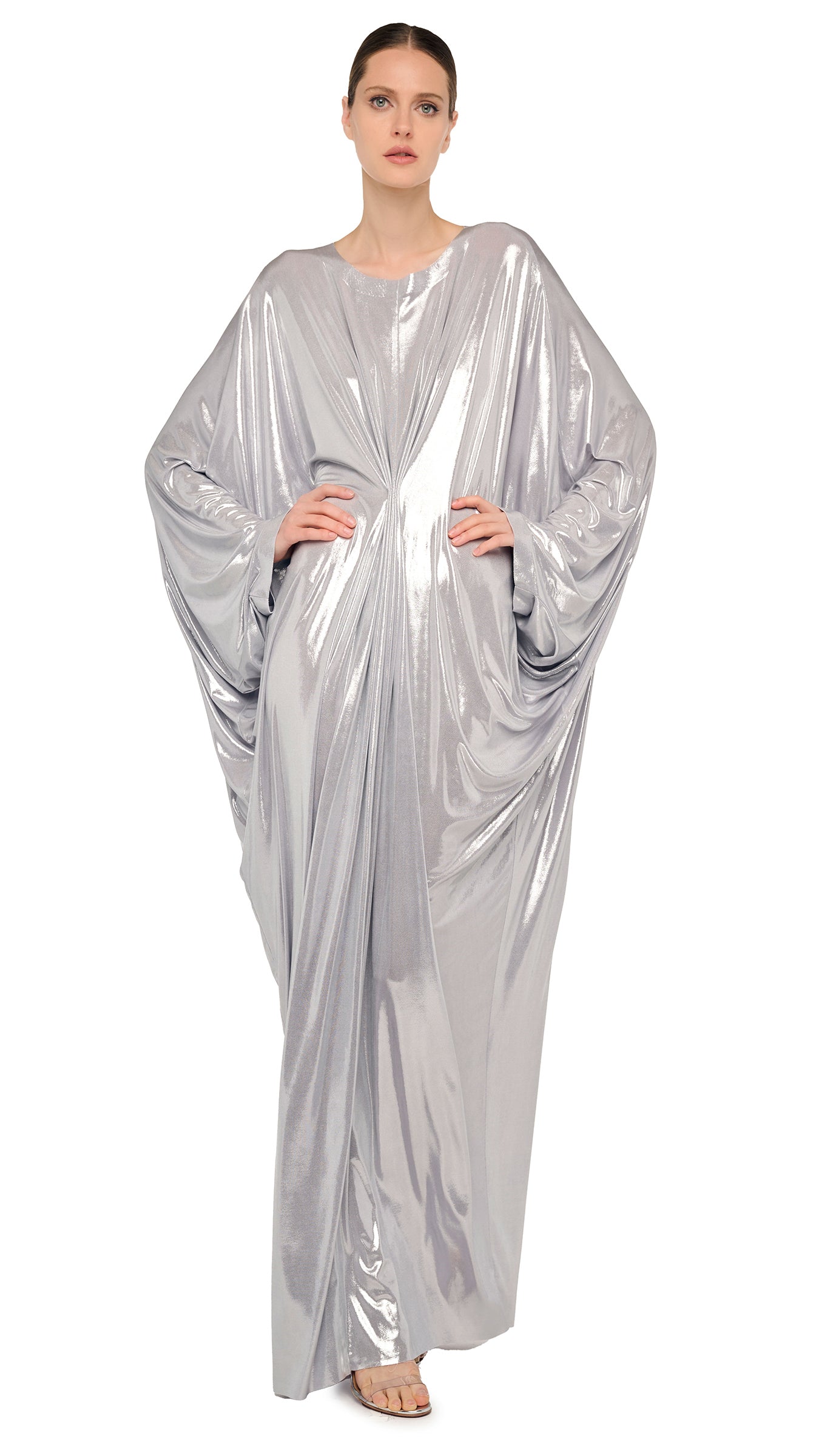 norma kamali silver dress Halter Drape Bias Gown