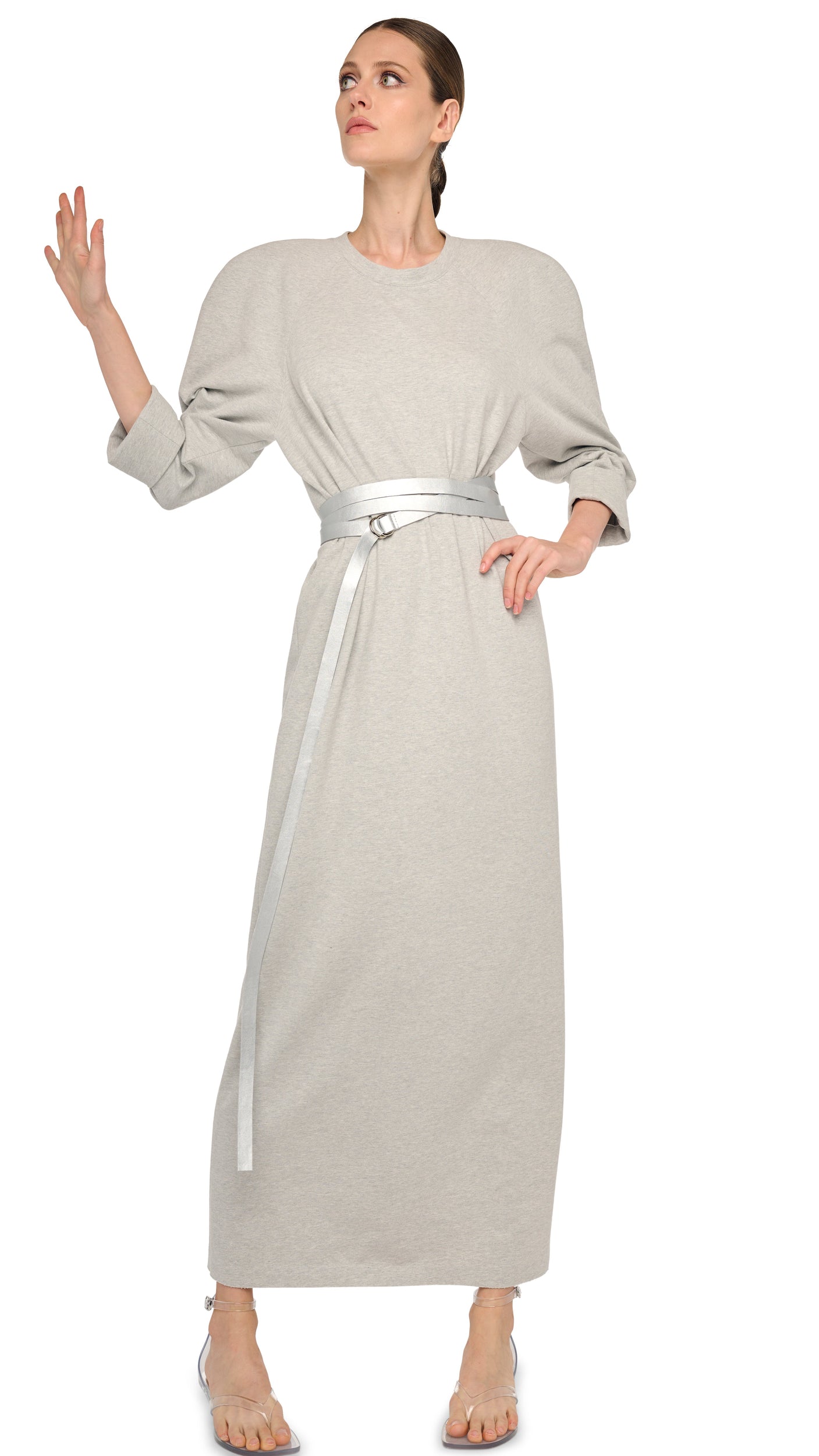 BOMBER 1980S LONG DRESS – Light Heather Grey – Norma Kamali