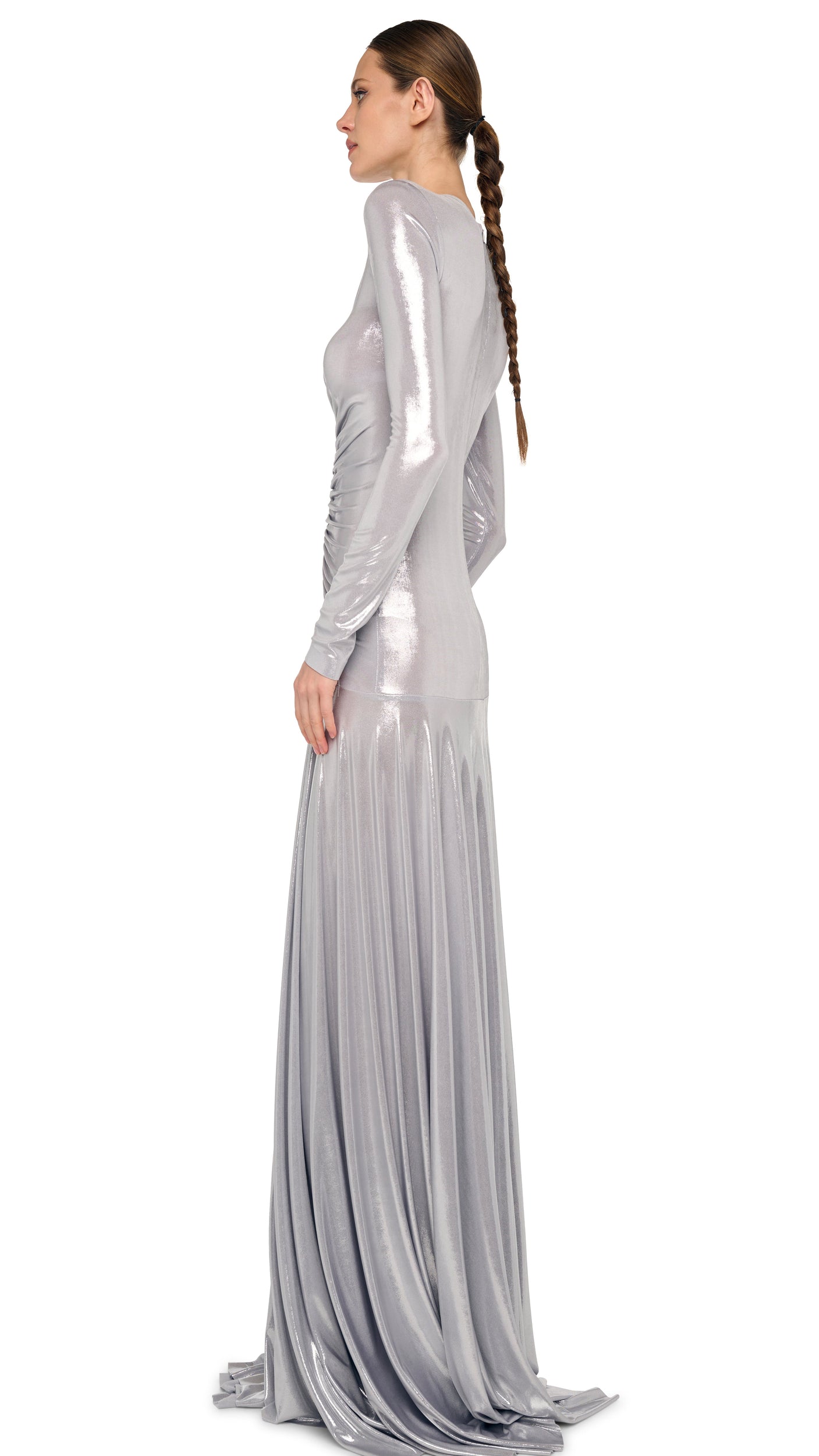 Norma Kamali Long Sleeve V Neck Shirred Flared Gown - Silver / Size L