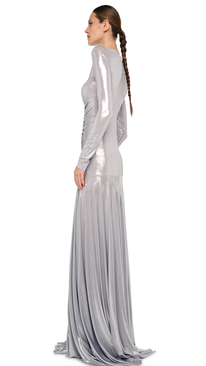 LONG SLEEVE V NECK SHIRRED FLARED GOWN #2