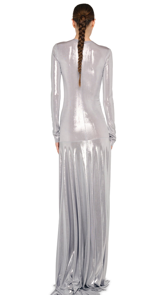 Norma Kamali Long Sleeve V Neck Shirred Front Flared Gown in Metallic Silver