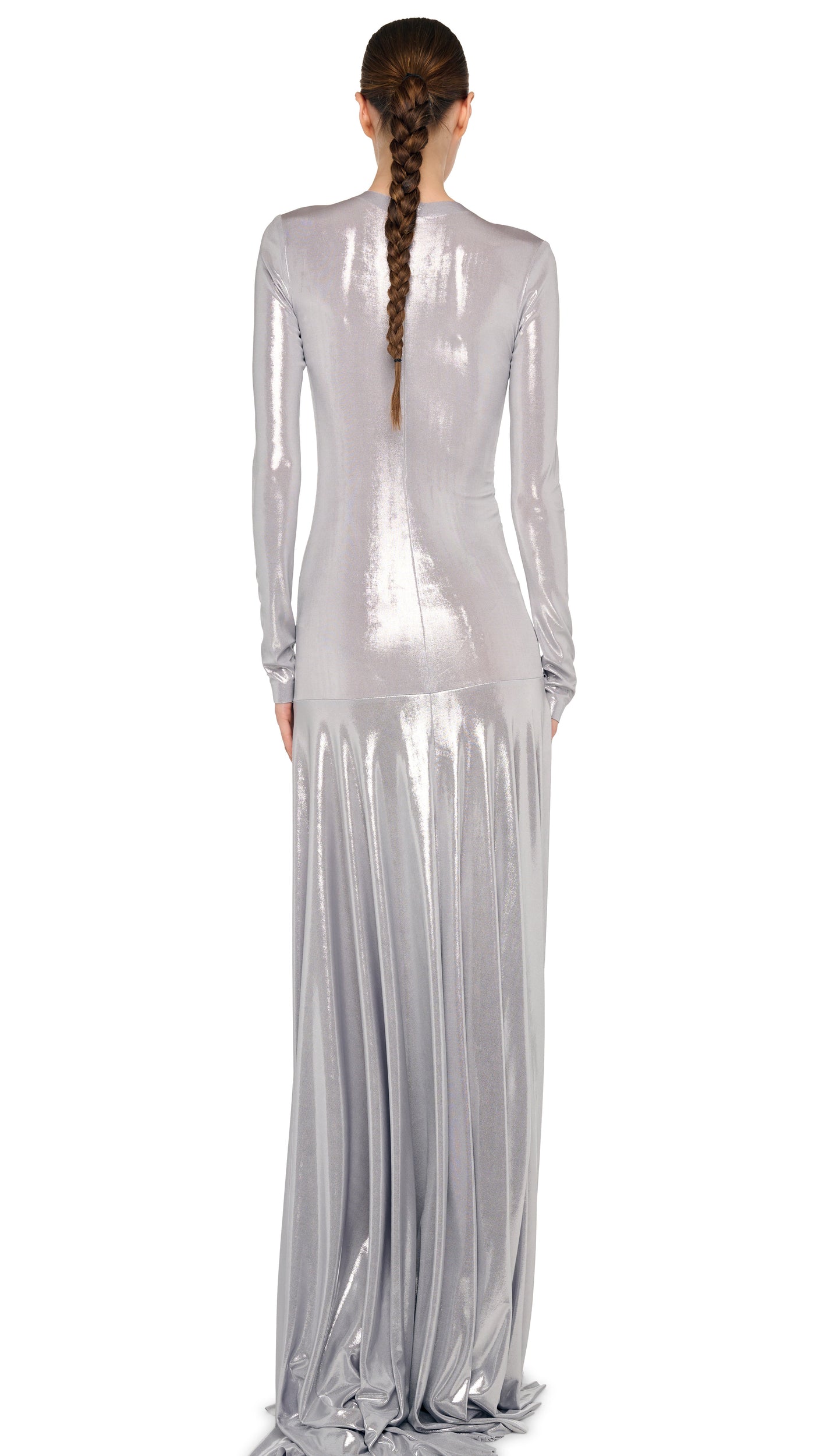 Norma Kamali Long Sleeve V Neck Shirred Front Flared Gown in Metallic Silver - Size L Norma Kamali Long Sleeve V Neck Shirred Front Flared Gown in Metallic Silver - Size L
