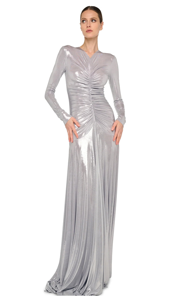 silver dress with long sleeves Norma Kamali Sleeve V Neck Shirred Front Flared Gown in Metallic Hollie Ballard Amy's Closet Girls Size shoulder pads and a Color:BLACK STRIPE