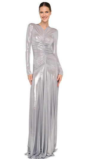 LONG SLEEVE V NECK SHIRRED FLARED GOWN  Silver  Norma Kamali