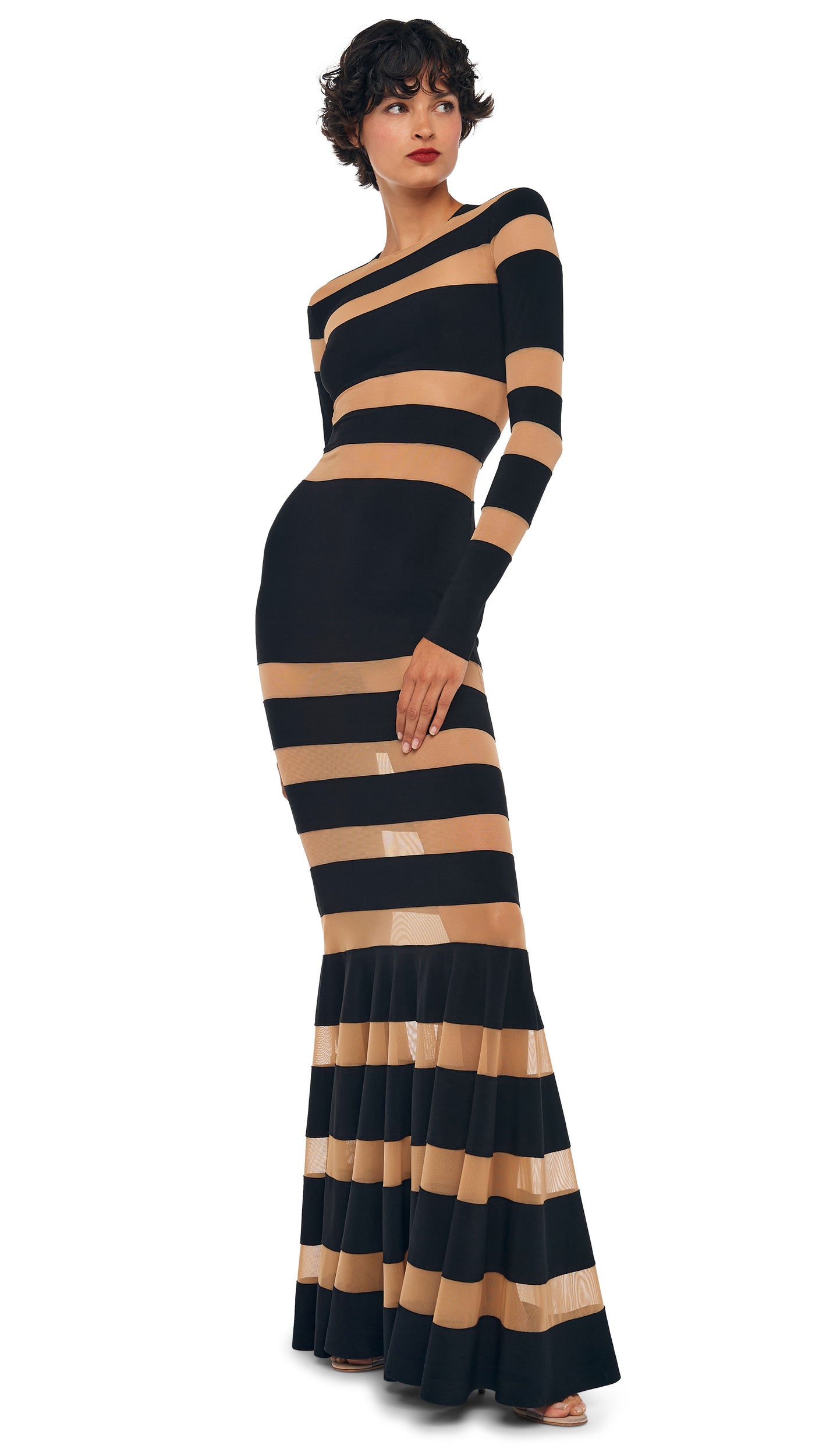 Norma Kamali Spliced Dress Fishtail Gown - Black/Nude Mesh / Size XXS Norma Kamali Spliced Dress Fishtail Gown - Black/Nude Mesh / Size XXS