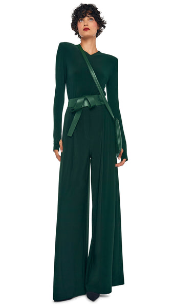 LONG SLEEVE SHOULDER PAD V NECK TOP – Dark Emerald – Norma Kamali