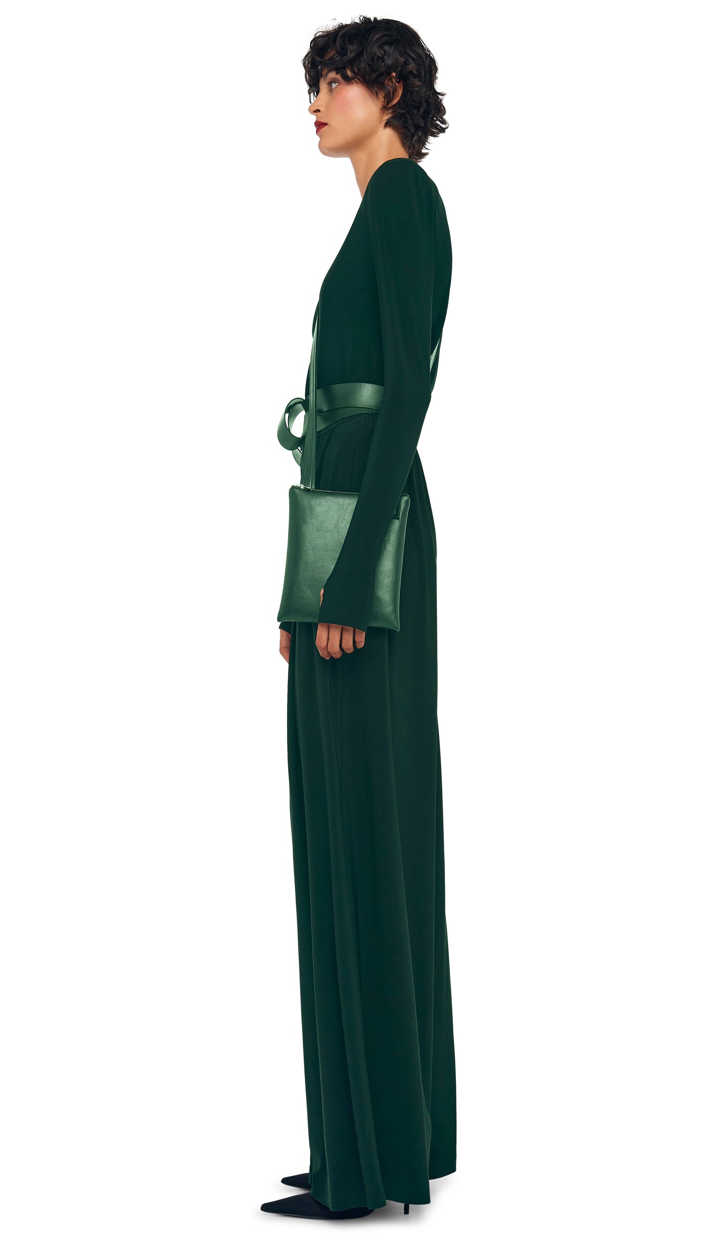 LONG SLEEVE SHOULDER PAD V NECK TOP – Dark Emerald – Norma Kamali