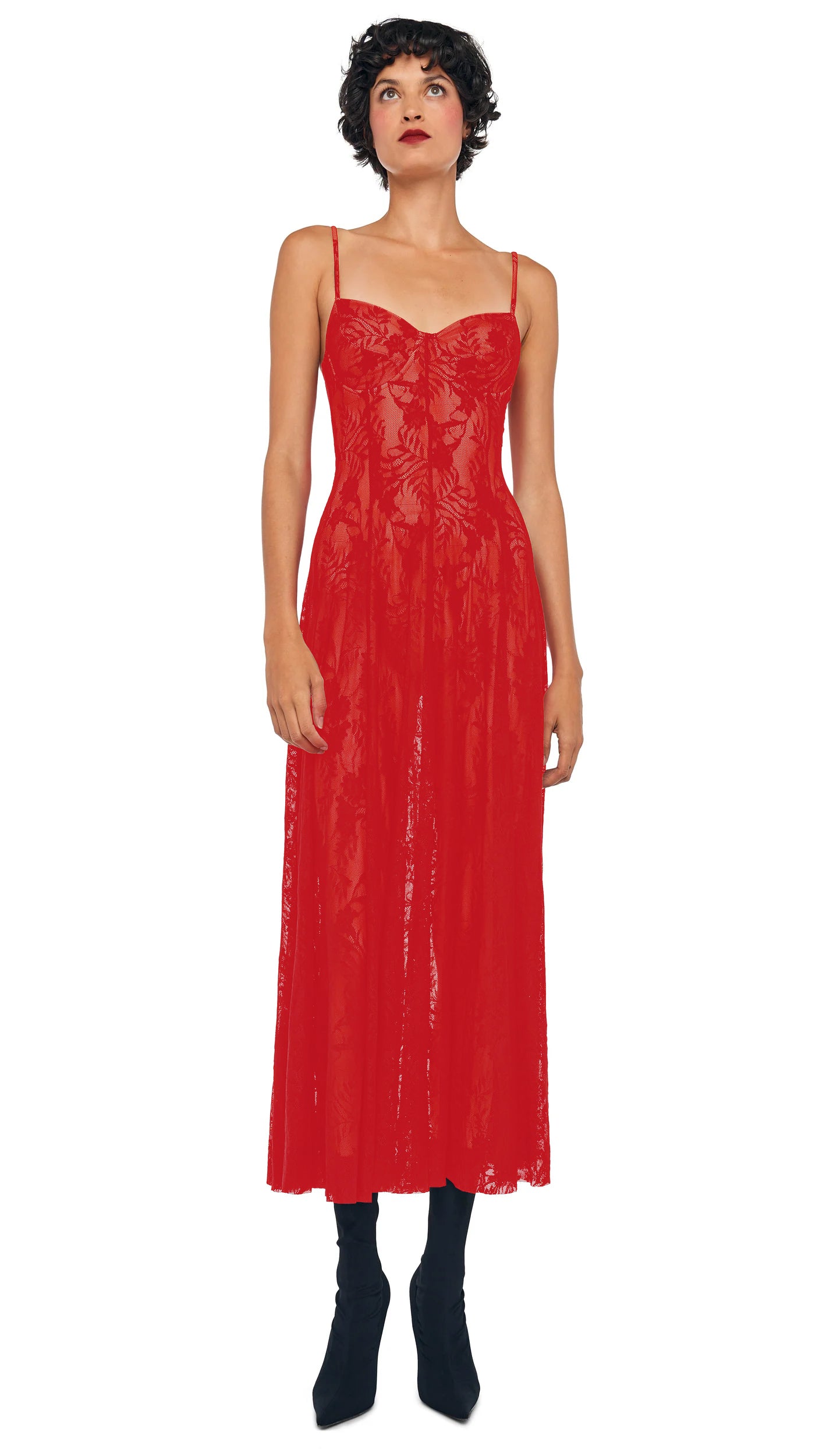 Norma Kamali Underwire Midcalf Dress w/ Bodysuit - Red Stretch Lace/Nude / Size XXS Norma Kamali Underwire Midcalf Dress w/ Bodysuit - Red Stretch Lace/Nude / Size XXS
