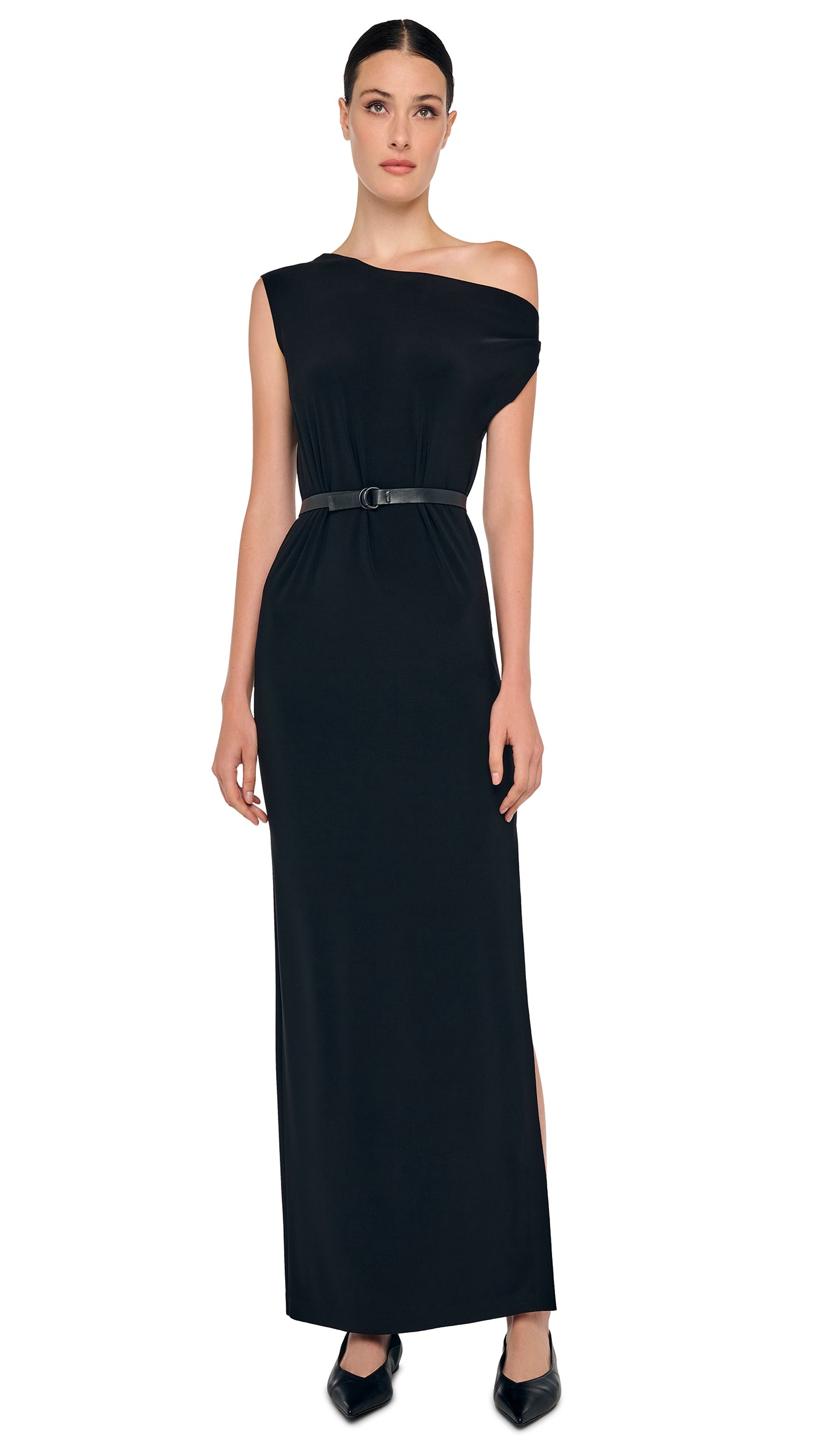 DROP SHOULDER LONG DRESS W/ SIDE SLIT - Black / XXS