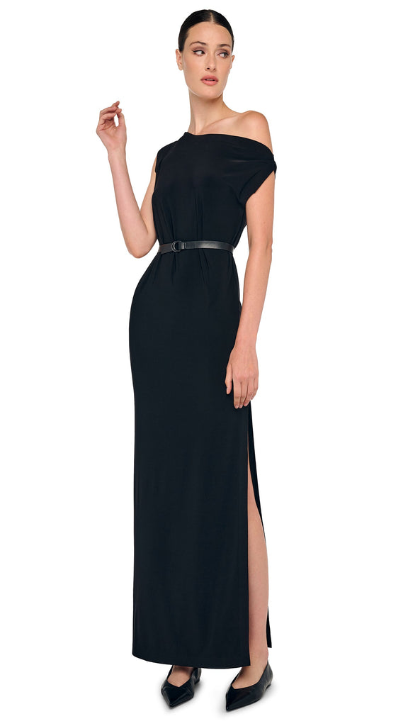 DROP SHOULDER LONG DRESS W/ SIDE SLIT – Black – Norma Kamali