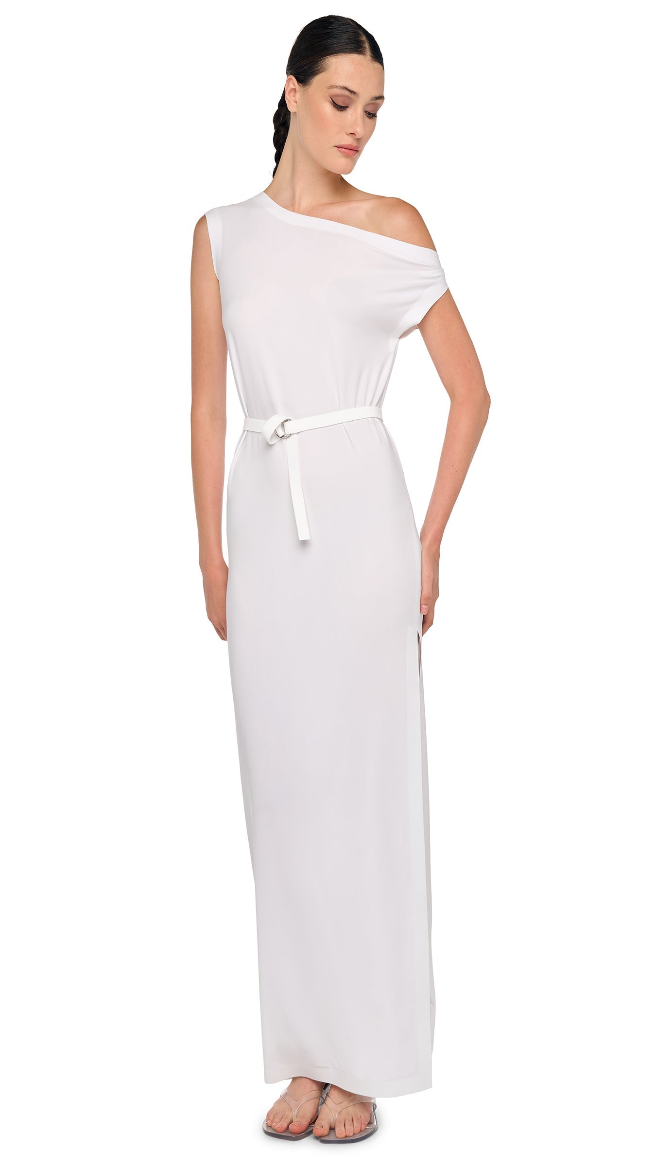 Norma Kamali x Lifestyle Drop Shoulder Side Slit Long Dress in White