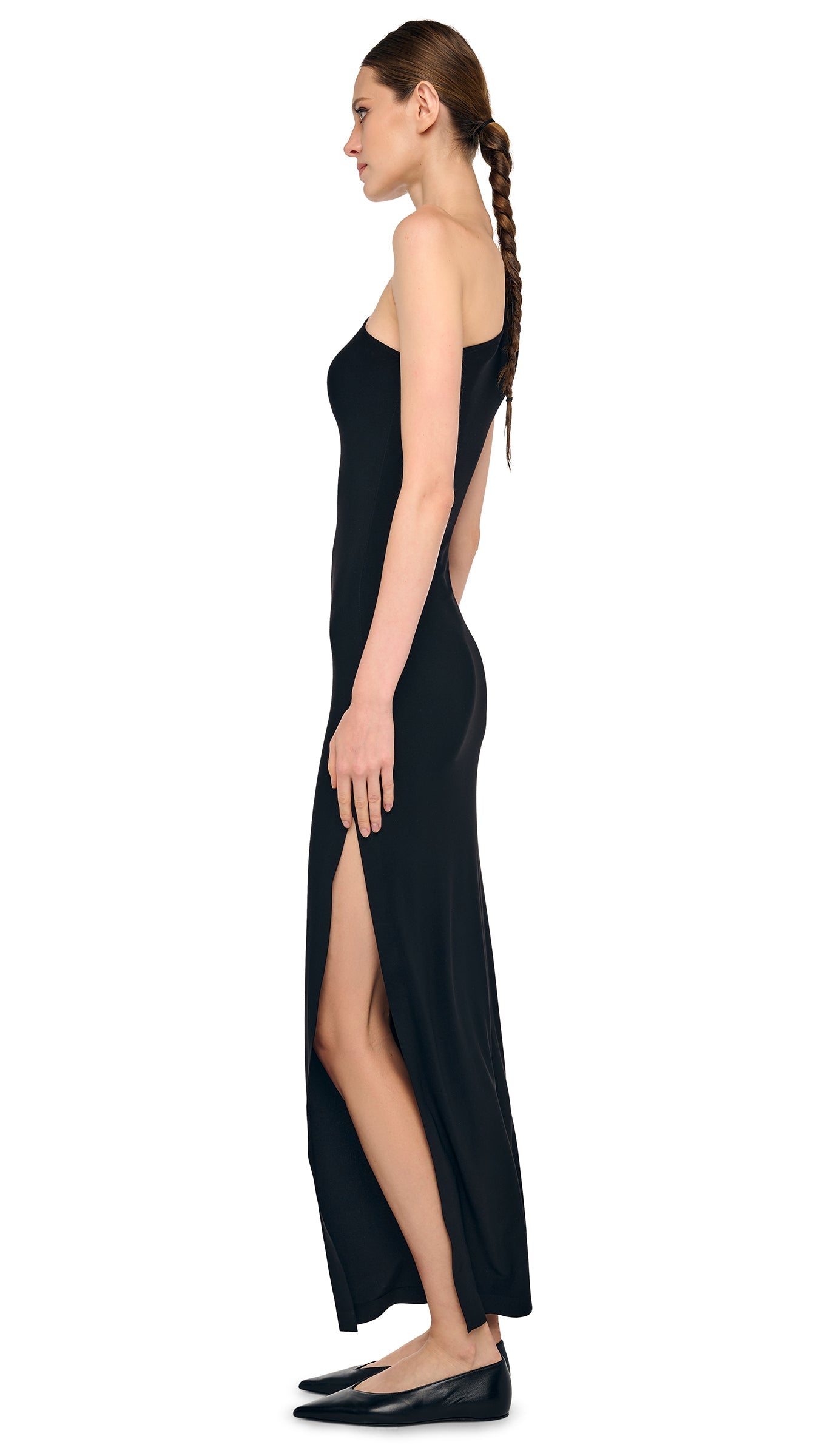 open lace back dress Black One Shoulder Dress With Slit