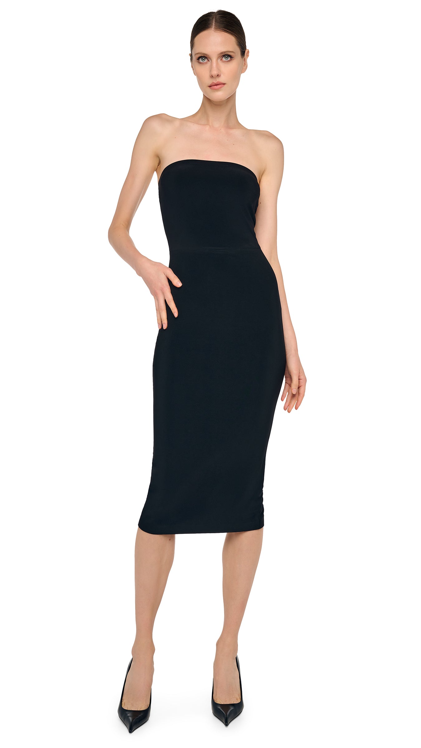 black strapless midi dress formal Norma Kamali Strapless Dress To Knee