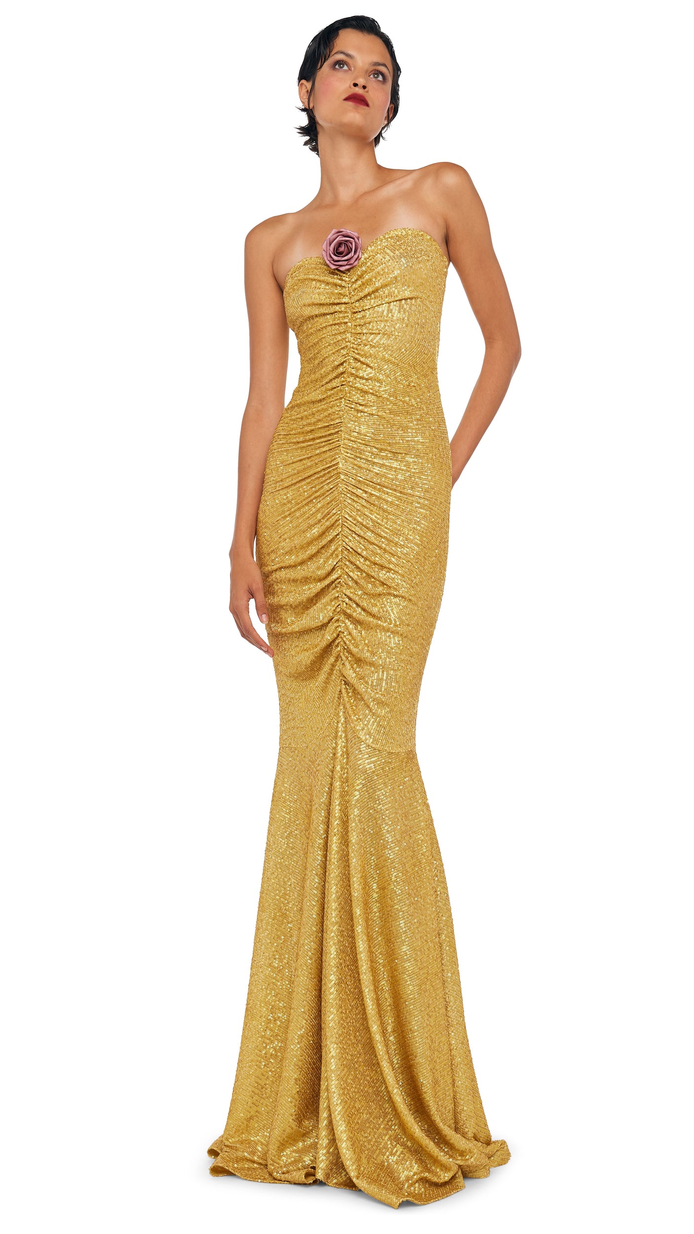 Norma Kamali Strapless Fishtail Gown in Metallic Gold - Size S Norma Kamali Strapless Fishtail Gown in Metallic Gold - Size S