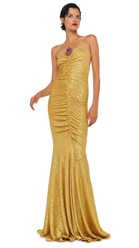 strapless fishtail sequin dress Norma Kamali Strapless Fishtail Gown in Metallic Gold