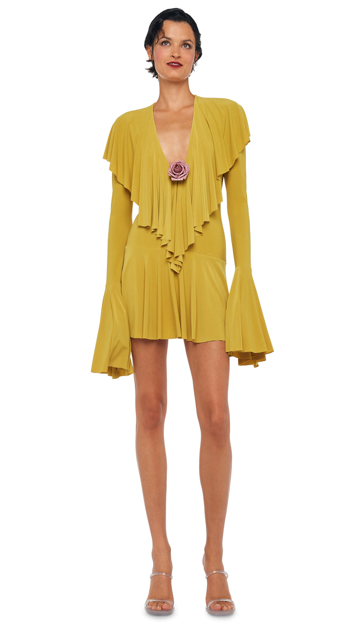 LONG SLEEVE DEEP V RUFFLE MINI DRESS