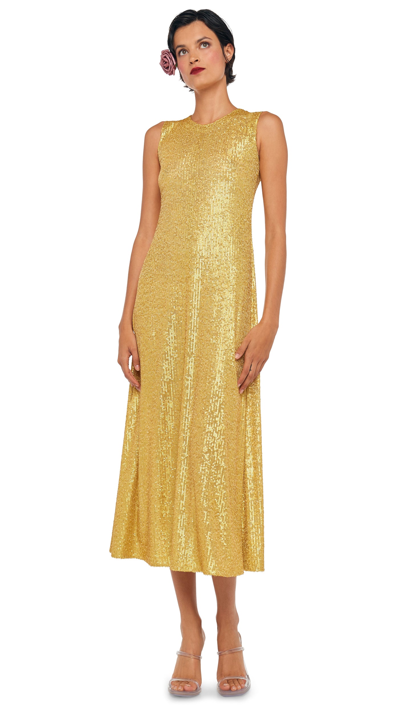gold swing dress DOLLY Elegant Gold Sleeveless Beaded Pleated Large Swing Dress-GRACIA (V) S / Gold: The back is zippered