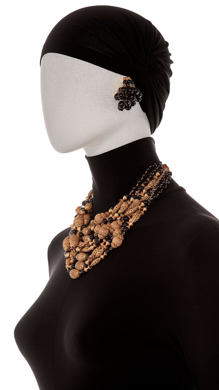 LAYERED BRASS & BLACK BEADED CHAIN NECKLACE, BRACELET & EARRING SET #4