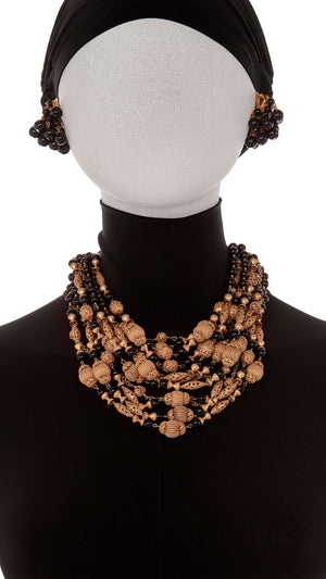 LAYERED BRASS & BLACK BEADED CHAIN NECKLACE, BRACELET & EARRING SET #5 Thumbnail