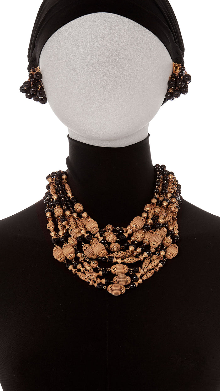 LAYERED BRASS & BLACK BEADED CHAIN NECKLACE, BRACELET & EARRING SET #5