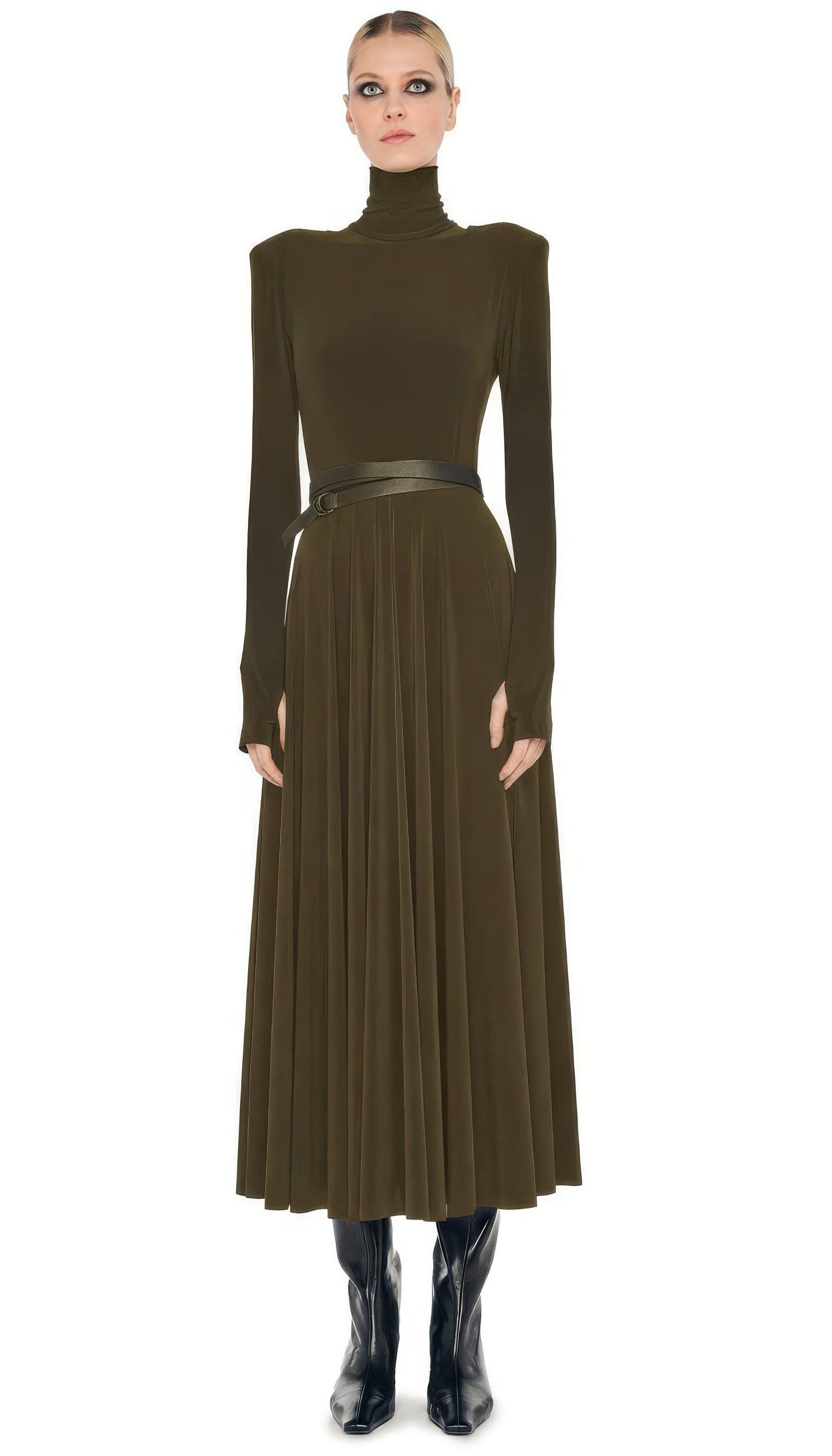 Norma Kamali LS Shoulder Pad Turtle Flared Dress - Bark / Size XL Norma Kamali LS Shoulder Pad Turtle Flared Dress - Bark / Size XL
