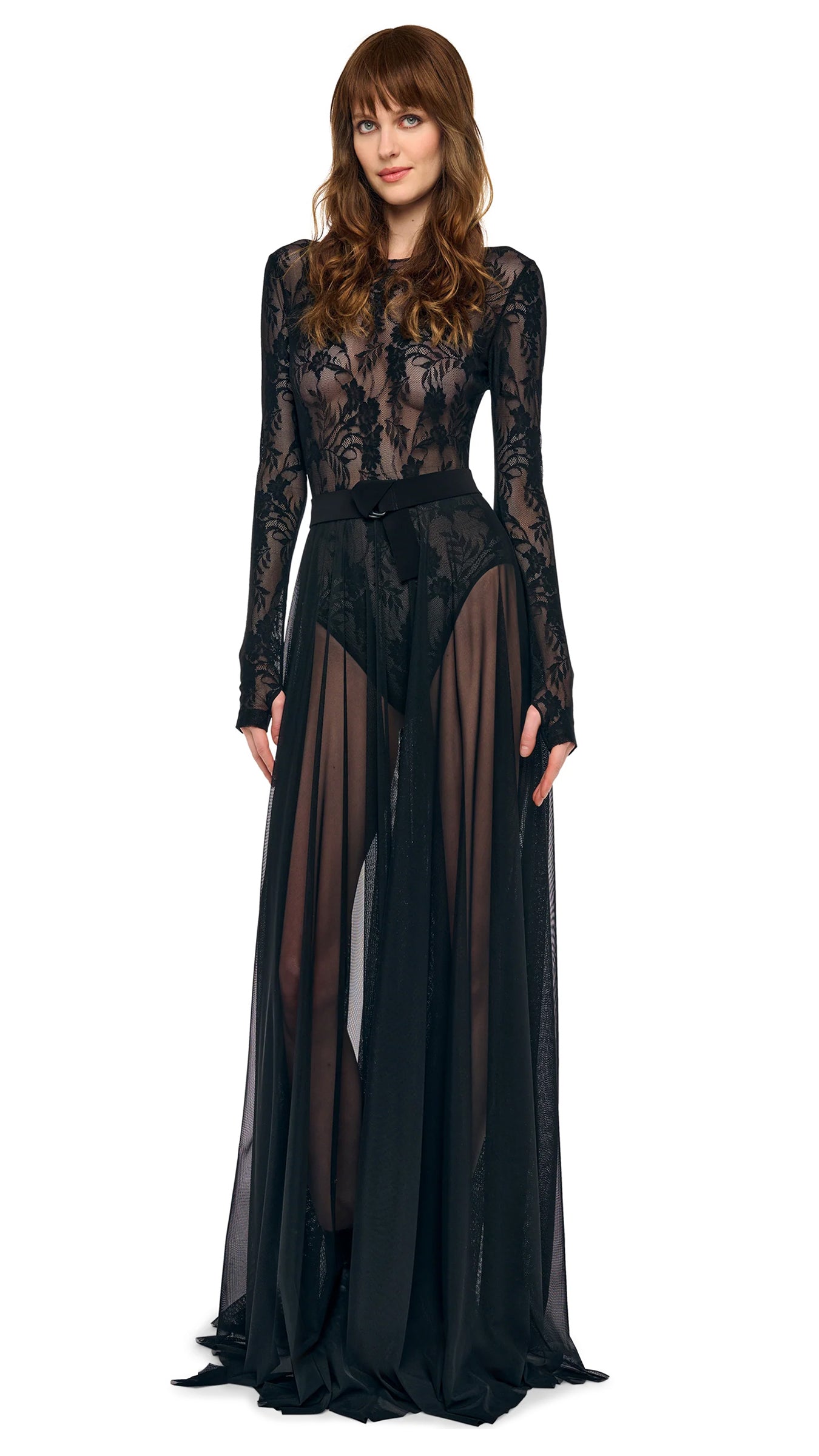 LONG SLEEVE CREW FLARED GOWN - Black/Black Mesh / XXS