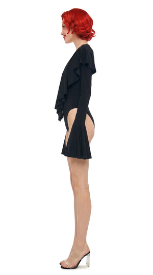 LONG SLEEVE DEEP V RUFFLE BODYSUIT #2 Thumbnail