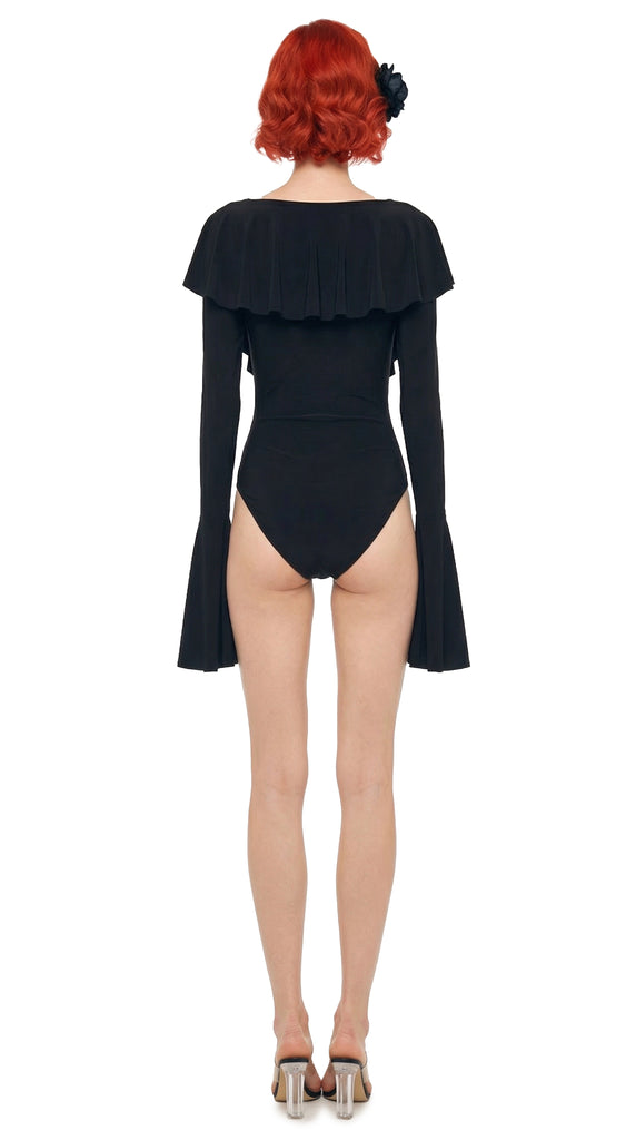 LONG SLEEVE DEEP V RUFFLE BODYSUIT – Black – Norma Kamali