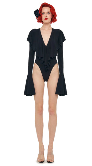 LONG SLEEVE DEEP V RUFFLE BODYSUIT #5 Thumbnail