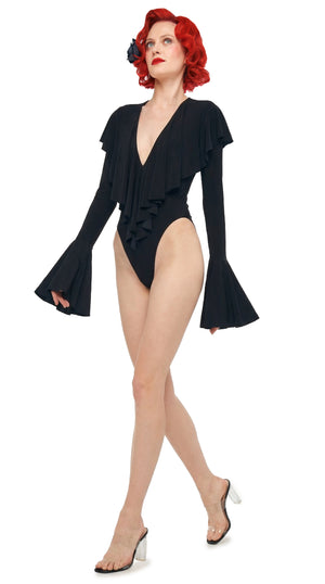 LONG SLEEVE DEEP V RUFFLE BODYSUIT #4 Thumbnail
