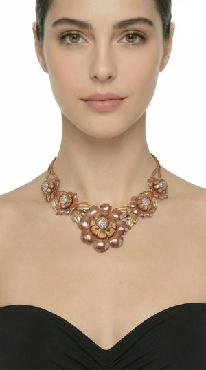 THREE TONED BRASS FLORAL NECKLACE WITH CRYSTAL CENTER #2 Thumbnail