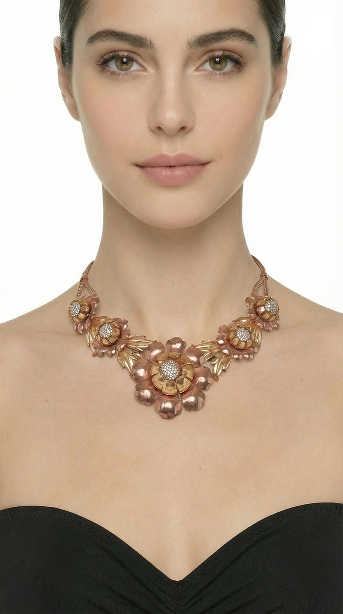 THREE TONED BRASS FLORAL NECKLACE WITH CRYSTAL CENTER #2