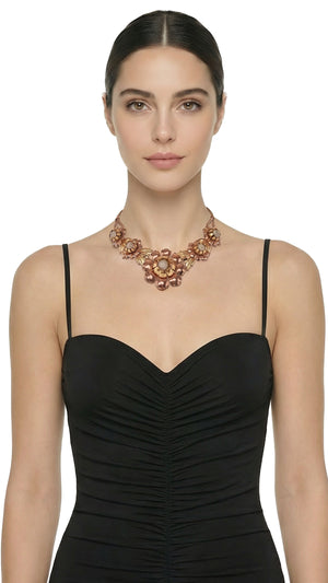 THREE TONED BRASS FLORAL NECKLACE WITH CRYSTAL CENTER #1 Thumbnail