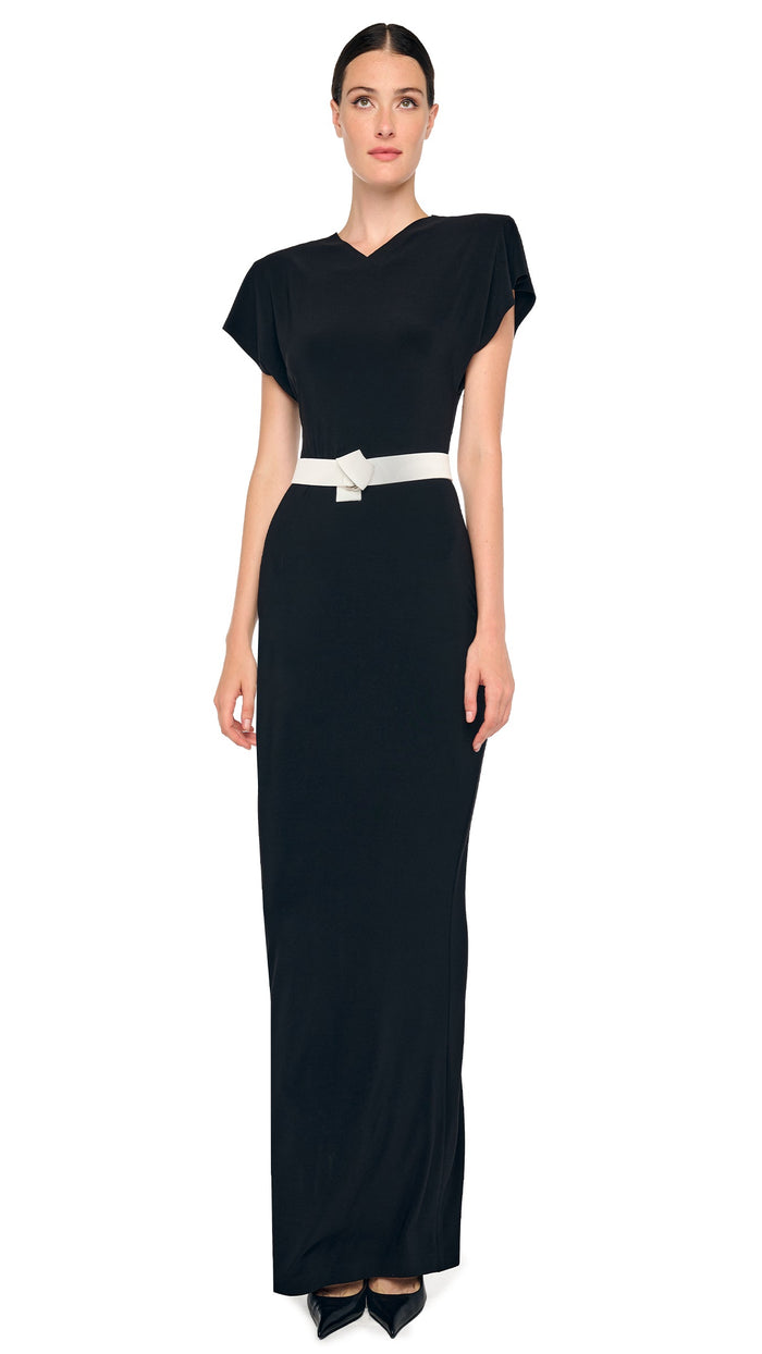 CAP SLEEVE SHOULDER PAD LONG DRESS #1