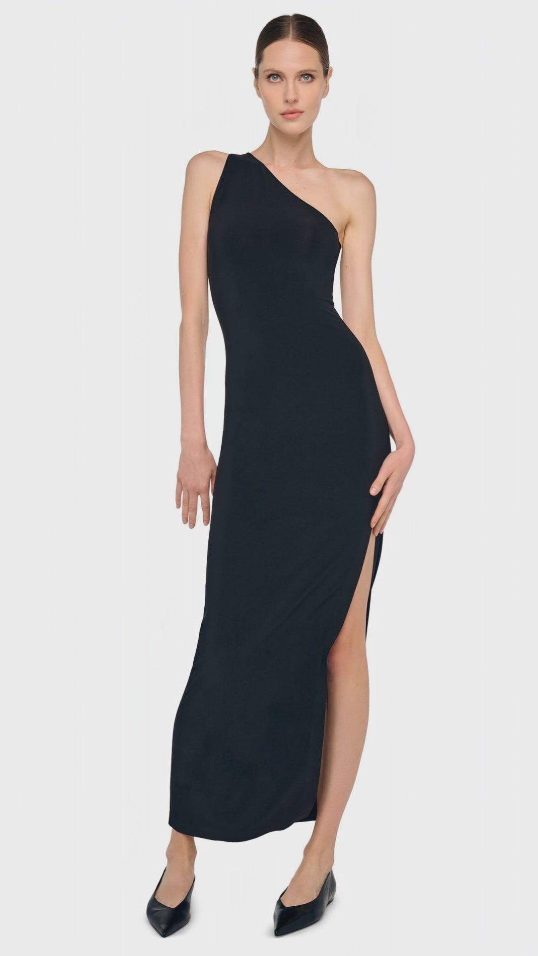 ONE SHOULDER LONG DRESS W/ SIDE SLIT  Black  Norma Kamali