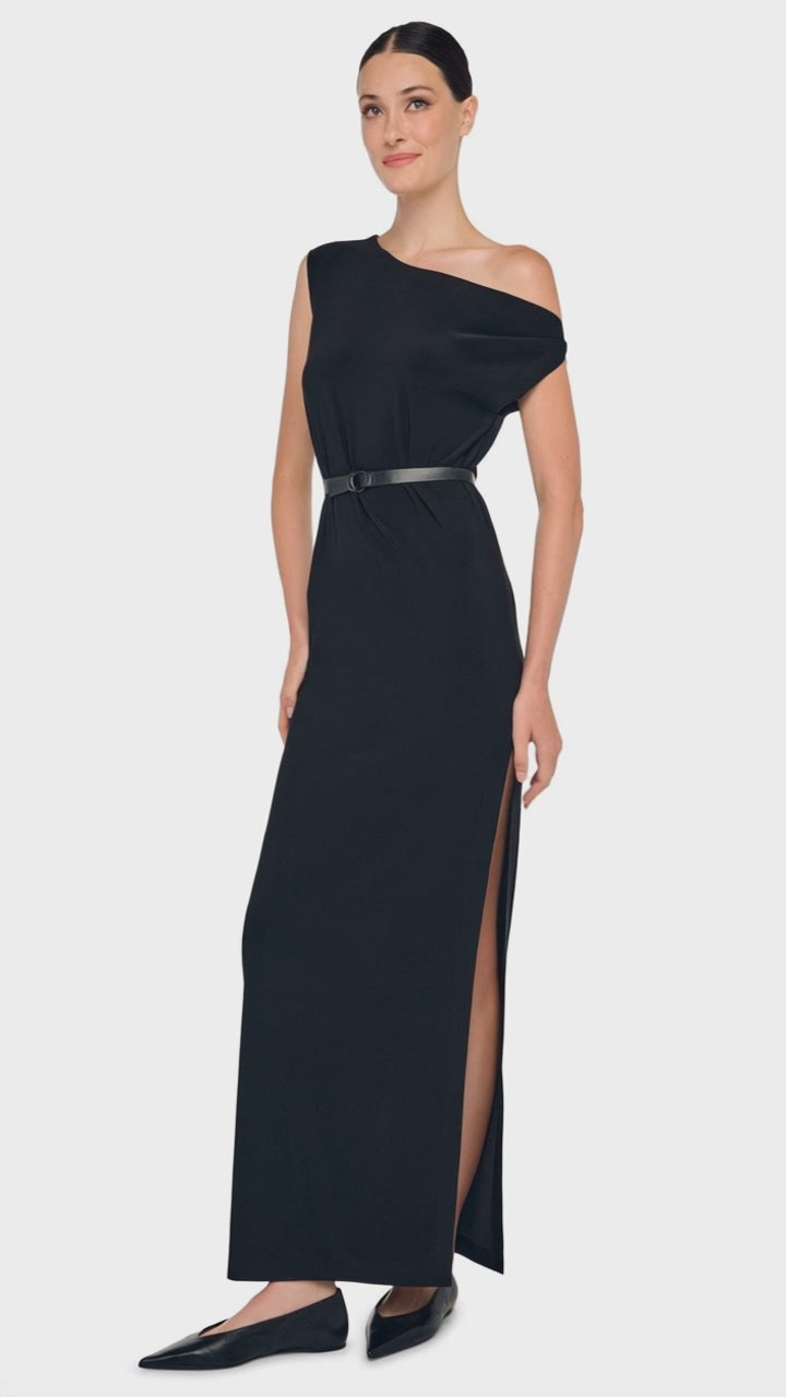 DROP SHOULDER LONG DRESS W/ SIDE SLIT